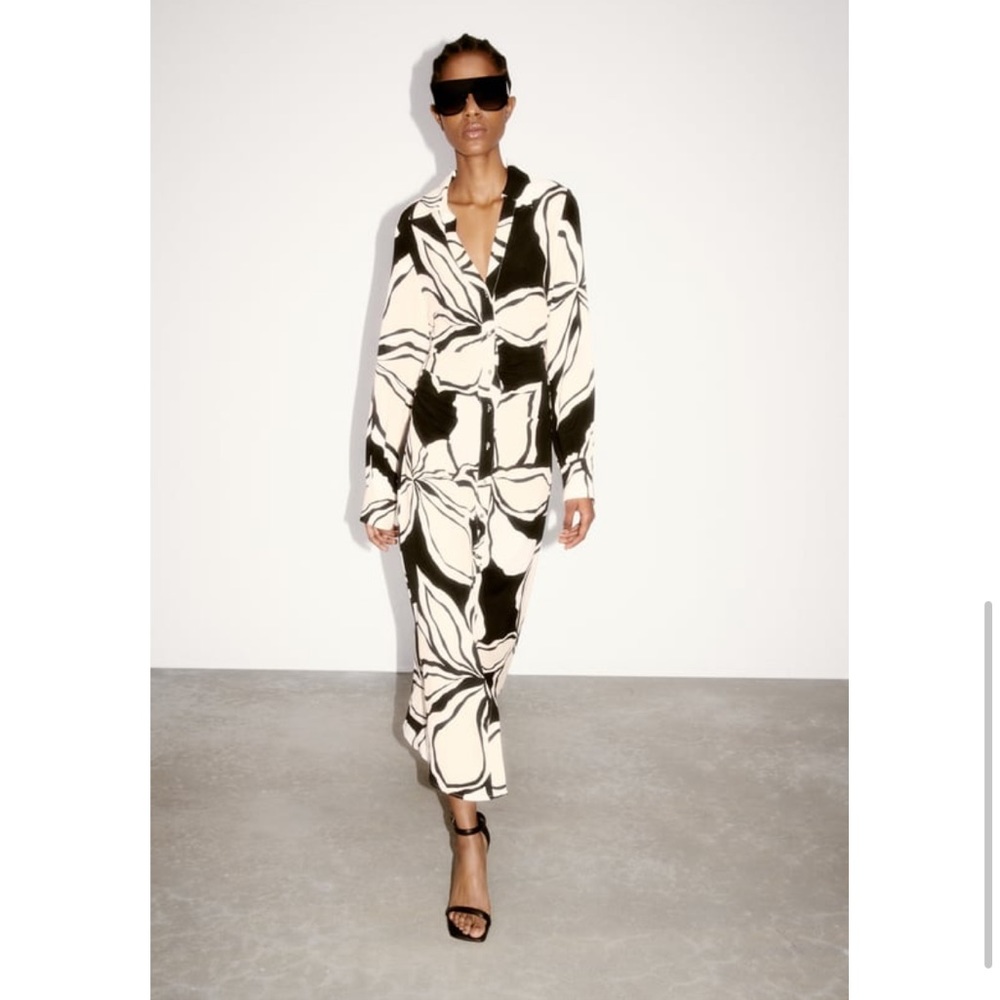 Black and white floral print shirt dress